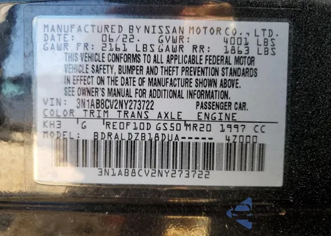 2022 Nissan Sentra Sv from USA, damaged, VIN 3N1AB8CV2NY273722